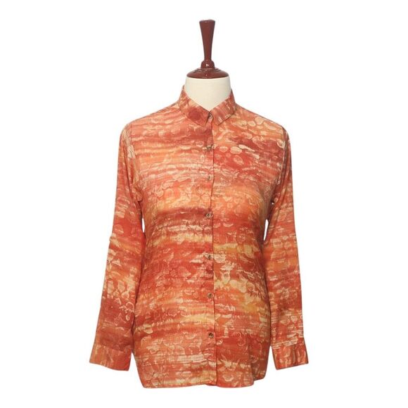 Womens Silky Chiffon Shirt Orange Floral Blouse Button Up Dressy Top Medium Work - Picture 1 of 7